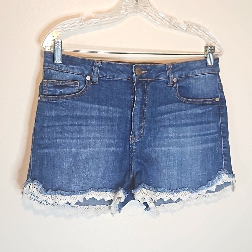 Aqua Denim Stretch Distressed Lace Trim Cutoff Shorts 31